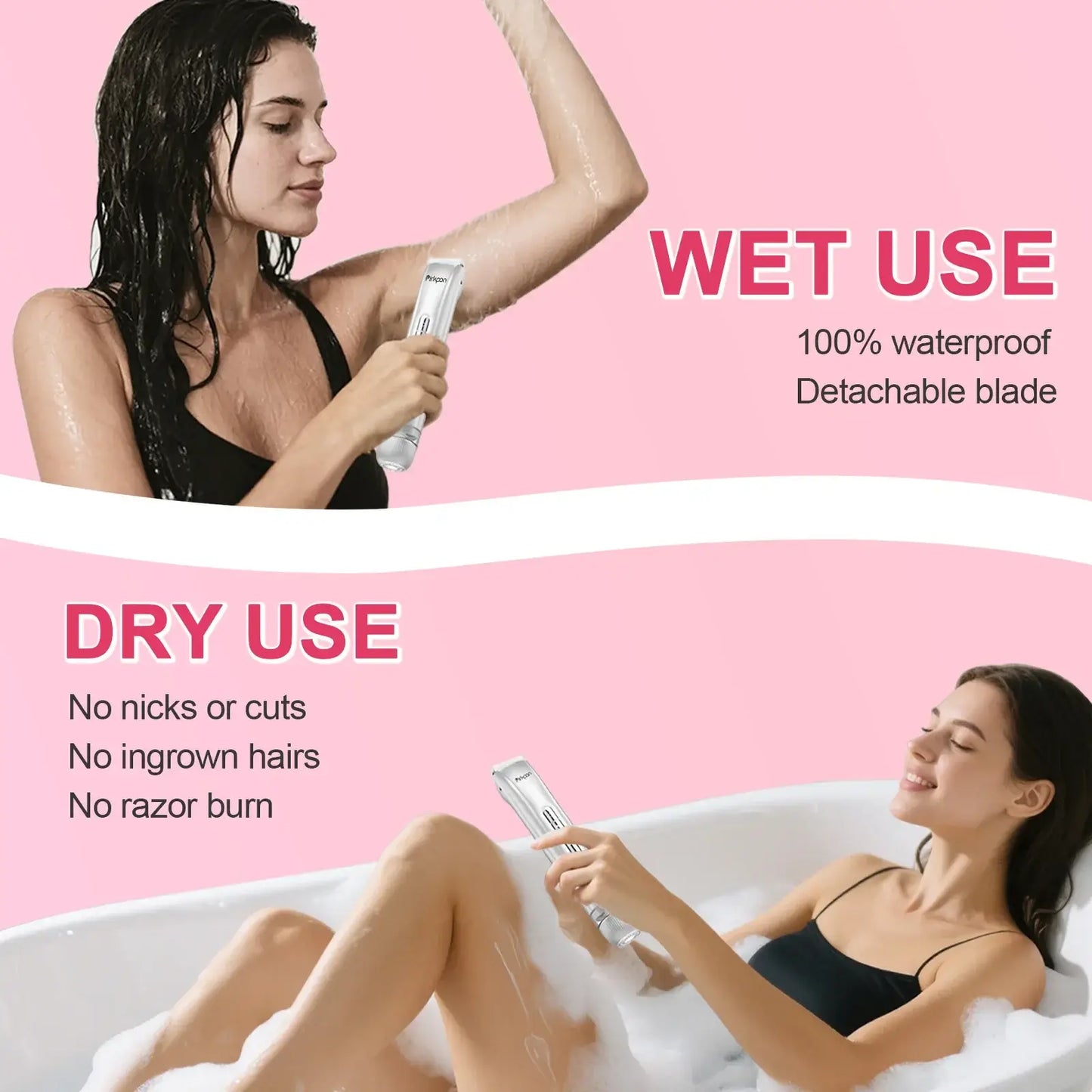 PIRKPON Rechargeable Dual-Head Shaver Women Hair Remover IPX7 Waterproof Bikini Trimmer Painless Electric Razor for Underarm Leg
