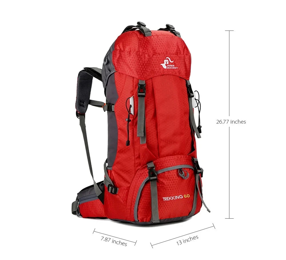 60L Camping Hiking Backpacks Men Outdoor Tourist Backpacks Nylon Sport Bag for Climbing Travelling with Rain Cover Free Knight