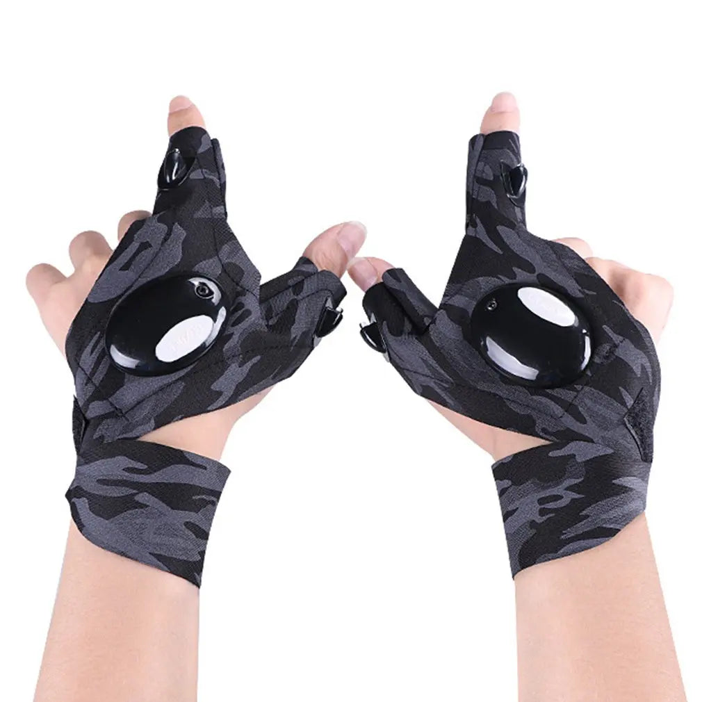 1 Pair Outdoor Fishing Magic Strap Fingerless Gloves Night Light Waterproof Fishing Gloves with LED Flashlight Rescue Tools