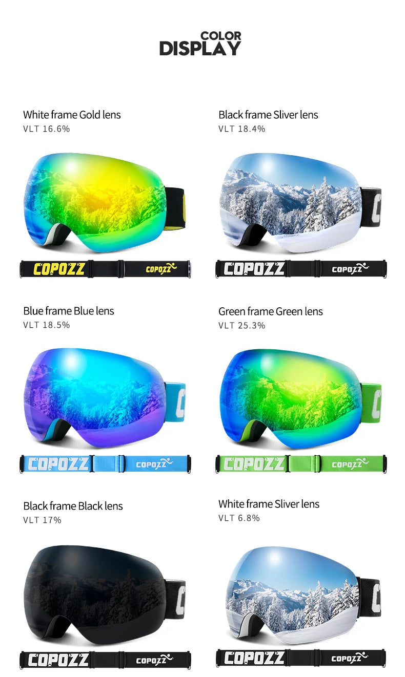 COPOZZ Outdoor Sports Ski Goggles UV400 Protection Ski Mask Male Female Anti-Fog Big Face Snow Glasses Snowboard Skiing Eyewear