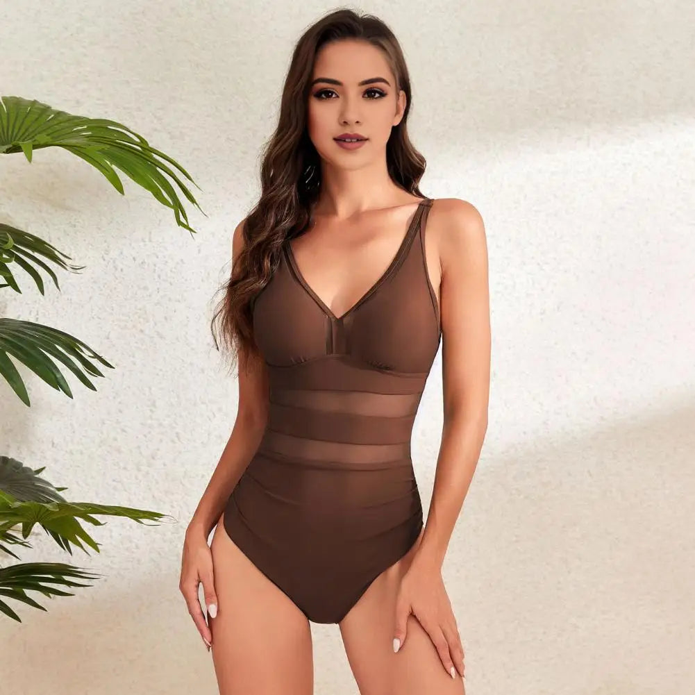 Hollow Mesh Splicing Monokini Swimsuit Stylish Women's Mesh Splicing One-piece Swimsuit Tummy Control V-neck Monokinis Beachwear
