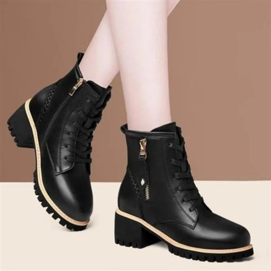 Women's Chunky Sole Ankle Boots Lace-Up & Side-Zip Combat Boots Winter Fleece-Lined Booties Versatile Leather Boots Platfo