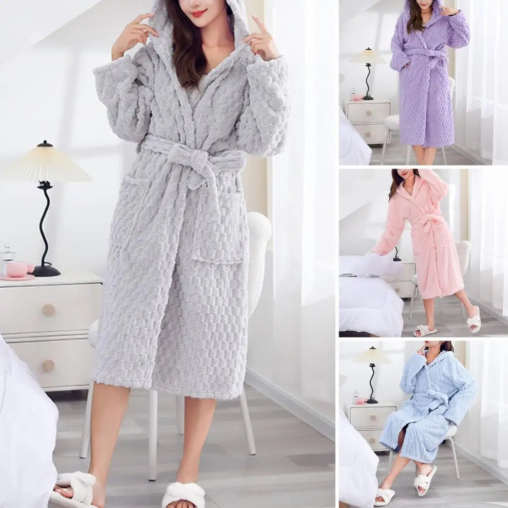 Thicken Fuzzy Robes Bathrobe Long Women Cute Ear Warm Hooded Robe Coral Fleece Kimono Bath Robe Dressing Gown Velvet Sleepwear