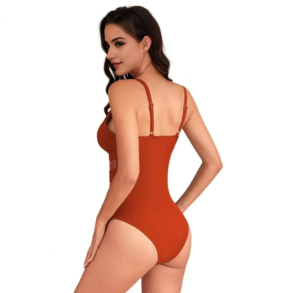 Hollow Mesh Splicing Monokini Swimsuit Stylish Women's Mesh Splicing One-piece Swimsuit Tummy Control V-neck Monokinis Beachwear