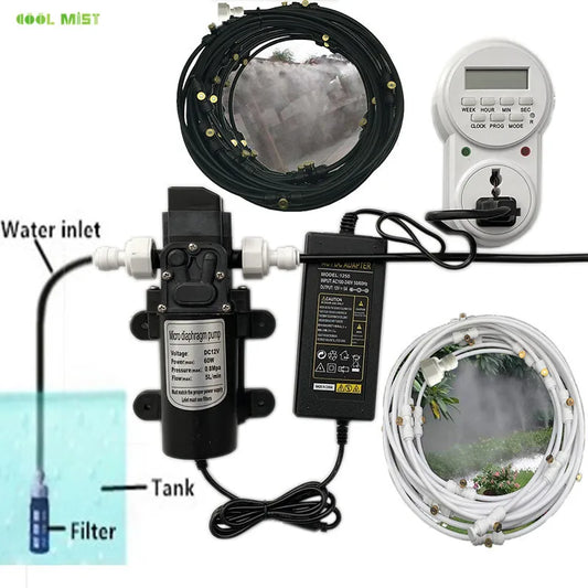 A29 Outdoor Misting Cooling System 12V Water Pump Kit Fog Nozzle For Greenhouse Garden Patio 8M -18M Timer Smart Irrigation Kits