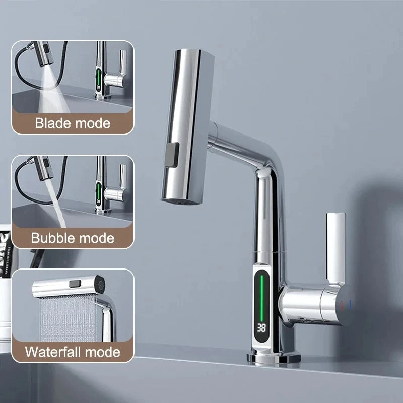 Waterfall Temperature Digital Display Basin Faucet Lift Up Down Stream Sprayer Hot Cold Water Sink Mixer Wash Tap For Bathroom