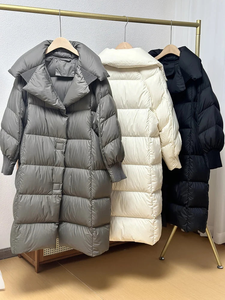Schinteon Women White Duck Down Long Jacket Autumn Winter Warm Casual Over Size Loose Outwear Soft Comfortable Fashion Coat New