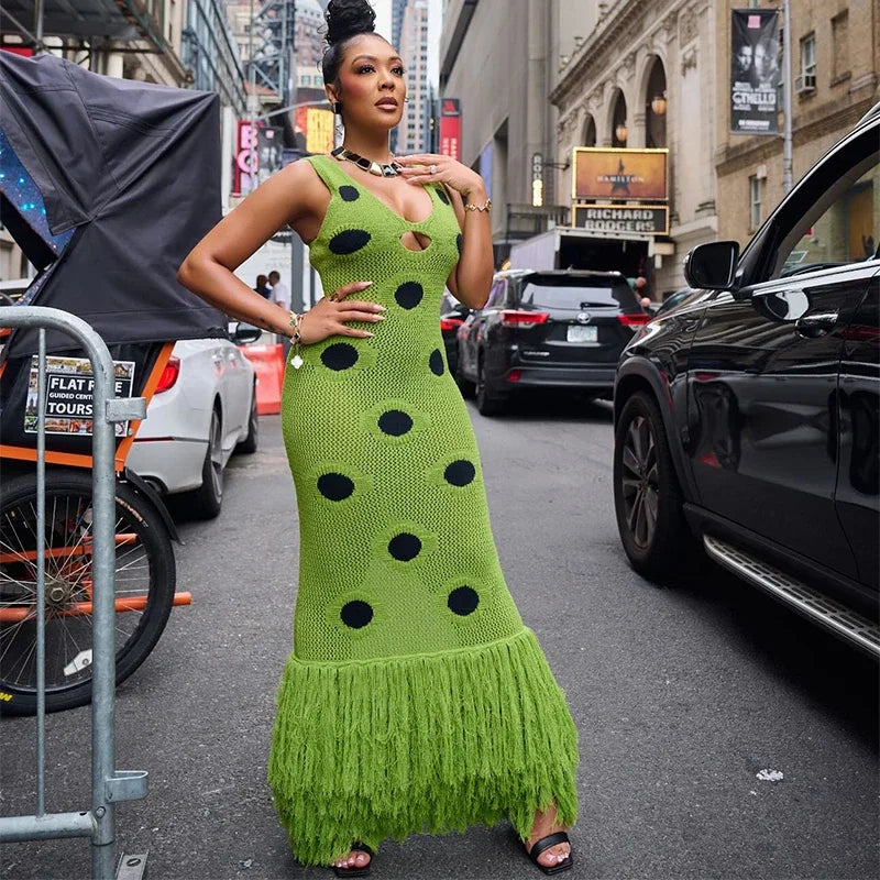 Designed Polka Dot Knitted Long Dress V Neck Hollow Out Fringe Hem Dresses 2025 Summer New Women's Elegant Party Evening Gown