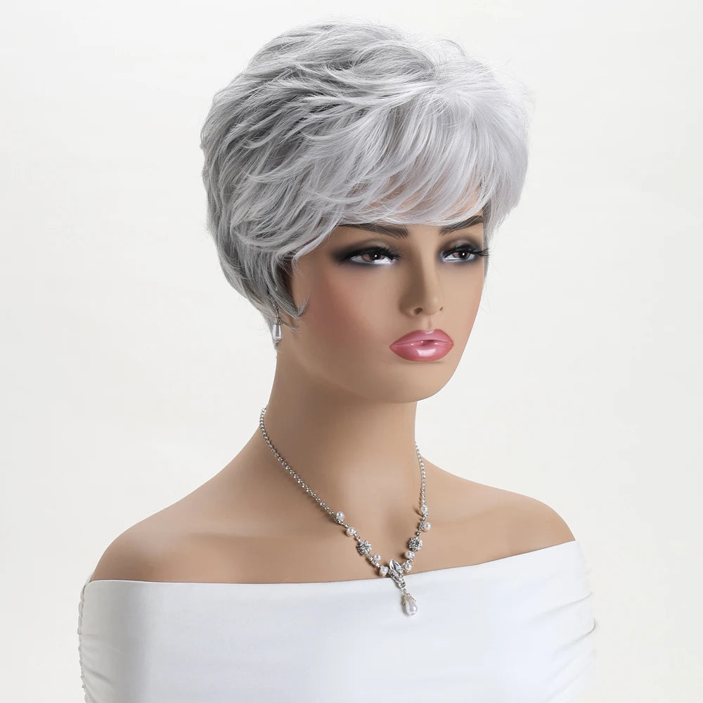 Short Natural Wigs with Bangs Soft Mommy Hair Daily Use Short Grey Ombre Curly Synthetic Hair Costume Party Wig for Women