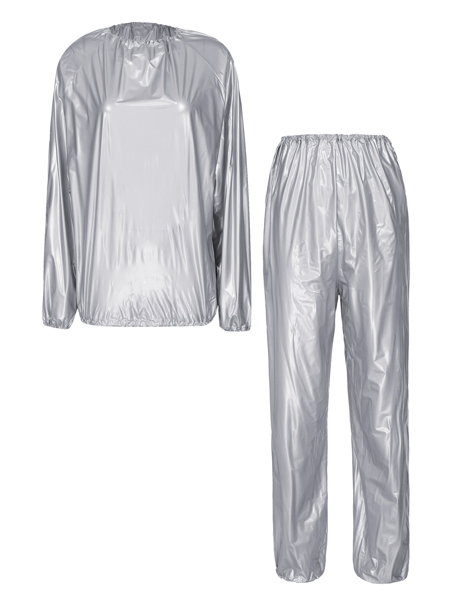 2Pcs Women Sauna Suit PVC Long Sleeve Elastic Cuff Top Pants Set Fitness Gym Workout Outfit Sweat Suits for Adults Clothes Sets
