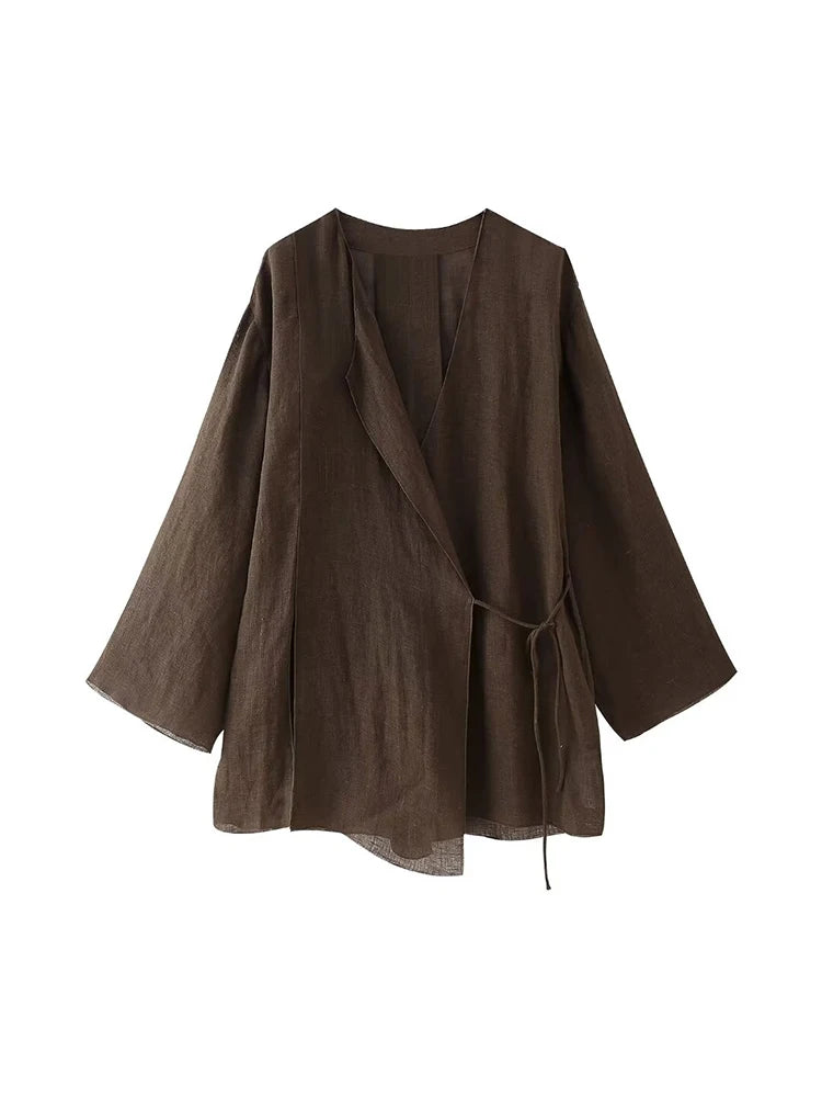 RAFZNB Wide Leg Pants Sets 2 Pieces Women Fashion Lace Up Kimono Tops Women's Suit Two Piece Set Spring Women Outfit