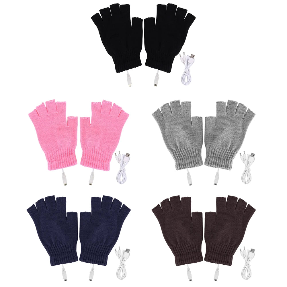 USB Heated Gloves Fingerless Knitted Wrist Glove Men Women Electric Heating Gloves Winter Hand Warmer Outdoor Skiing Accessories