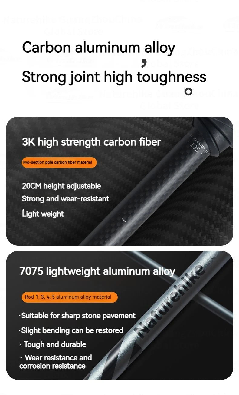 Naturehike 5-Section Walking Stick Pole Carbon Fiber Aluminum Alloy Folding Teleskopic Ultralight Trekking Hiking Canes UL Pro