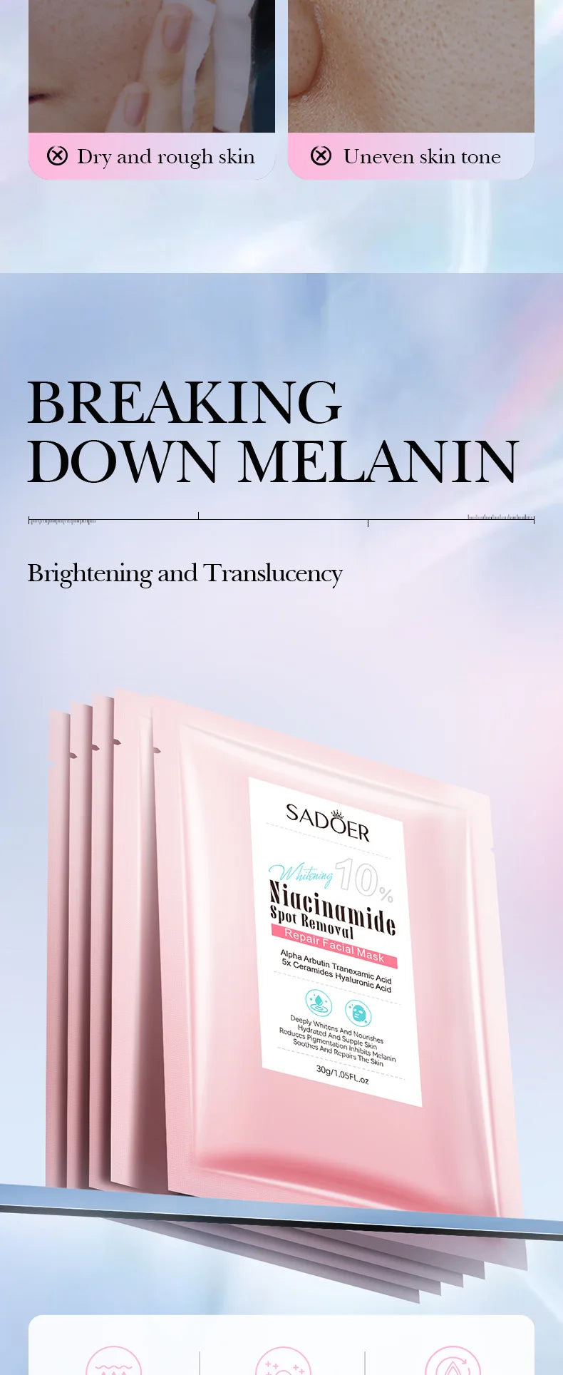 5pcs SADOER Nicotinamide Facial Masks Moisturizing Spot Removal Repair Brightening Hydrating Facial Masks Face Skin Care