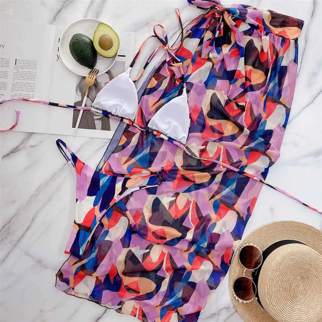 New Cube Printed Halter Bikini Female Swimsuit Women Swimwear Three-pieces Bikini set With Sarong Bather Bathing Suit Swim V2804