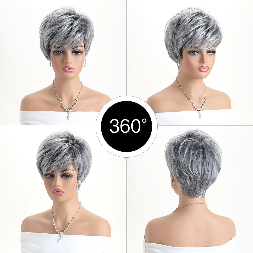 Short Natural Wigs with Bangs Soft Mommy Hair Daily Use Short Grey Ombre Curly Synthetic Hair Costume Party Wig for Women