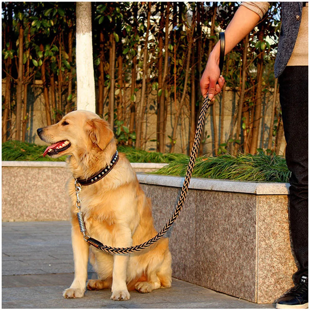 Strong Durable Real Leather Large Dog Leash with No Pull Buffer Spring Leather Braided Dog Training Leash Pet Leads Dog Chain