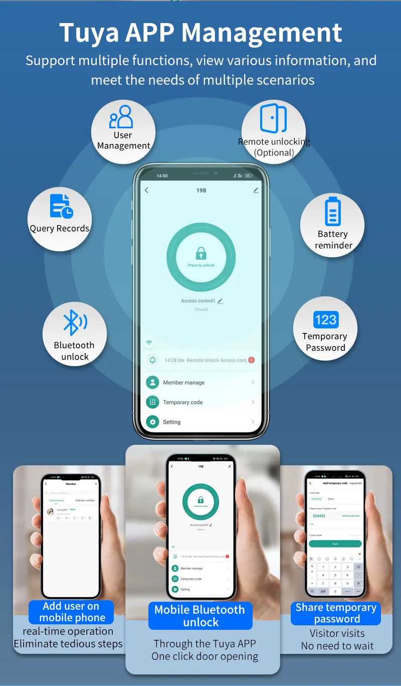 Tuya APP Glass Door Fingerprint Lock Bluetooth Smart Biometric Electronic Office Glass Door Lock 13.56Mhz RFID IC Keyless Unlock