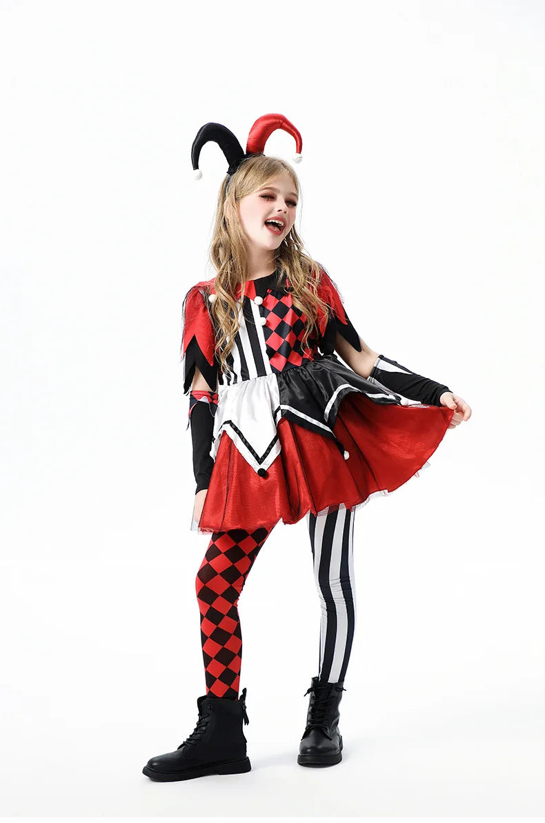Naughty Girls Clown Costume Kids Circus Scary Tutu Dress Halloween Cosplay Costumes Carnival Party Jester Dress Up Full Set