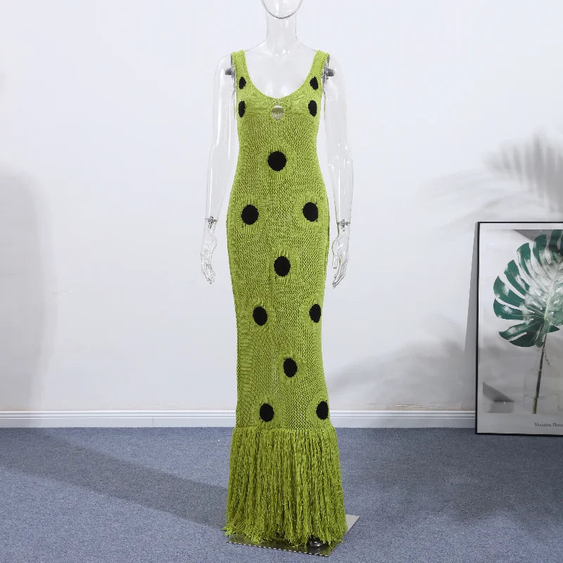 Designed Polka Dot Knitted Long Dress V Neck Hollow Out Fringe Hem Dresses 2025 Summer New Women's Elegant Party Evening Gown