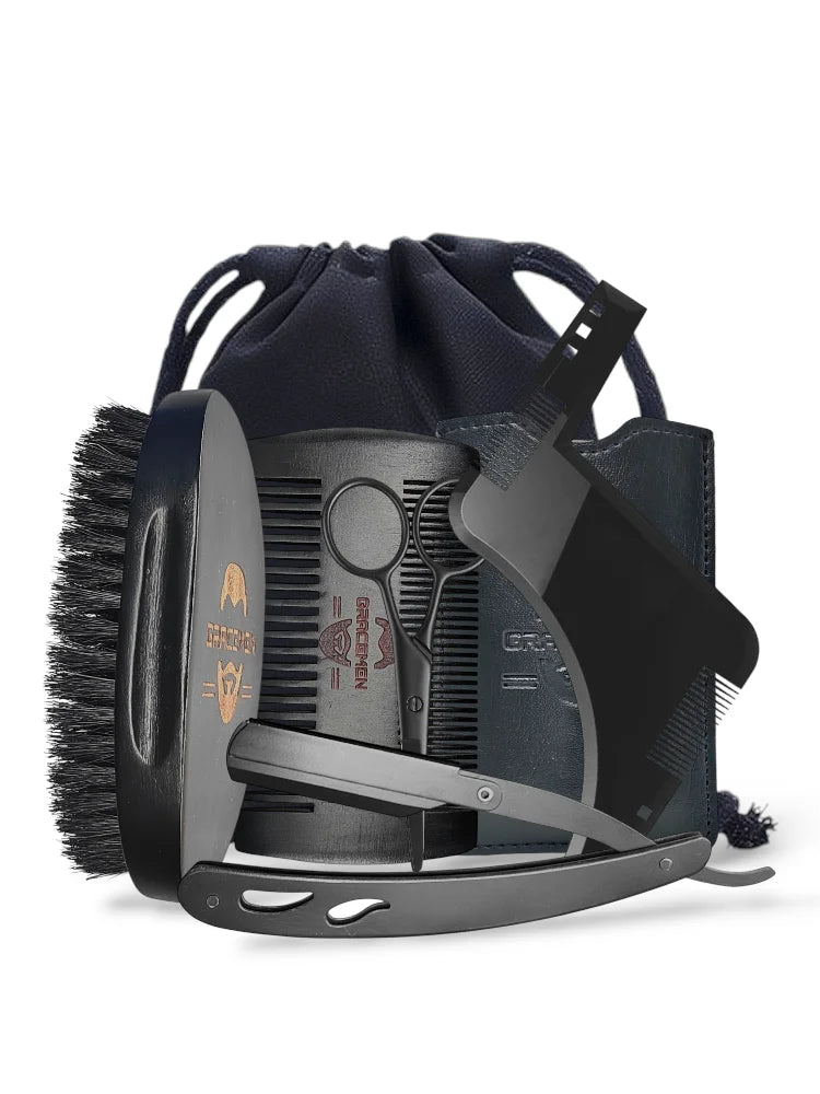 Gracemen Beard Kit - 6 in 1 Grooming Set for Men - Beard Template & Brush & Comb & Case & Straight Razor & Scissors & Travel Bag
