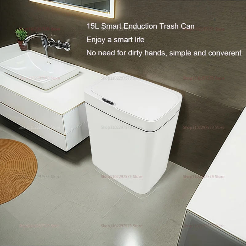 15L Non-Contact Smart Sensor Trash Can Automatic Bagging Electric Bathroom Kitchen Smart Waste Bin for Home Office White