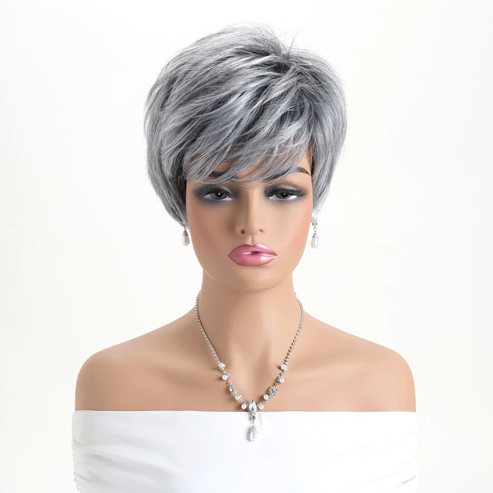 Short Natural Wigs with Bangs Soft Mommy Hair Daily Use Short Grey Ombre Curly Synthetic Hair Costume Party Wig for Women
