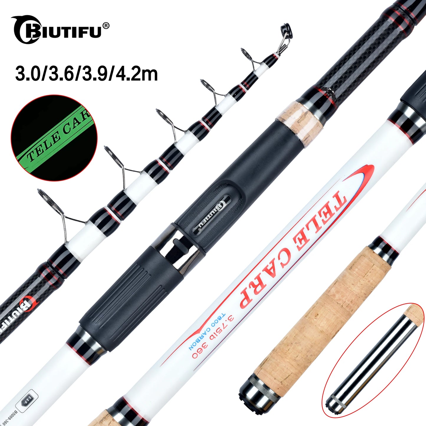 BIUTIFU 3.75lbs Telescopic Carp Fishing Rods 3.0/3.6/3.9/4.2m T800 Carbon Travel Spinning Surfcasting 40-180g Lake Sea Hard Pole