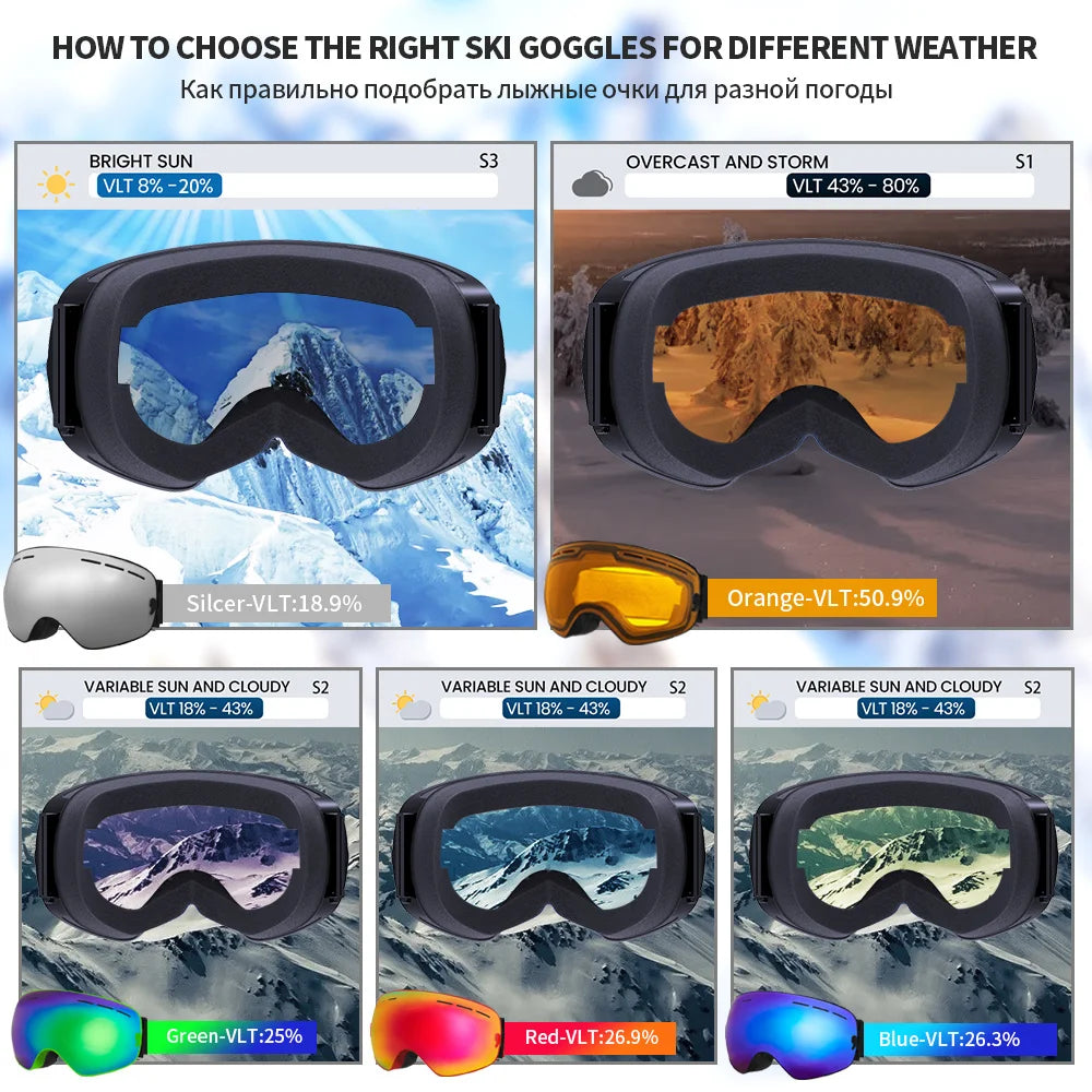 Snowboard Ski Goggles for Men Women UV400 Protection Anti-Fog Ski Glasses Ski Mask Big Face Snow Glasses Skiing Eyewear