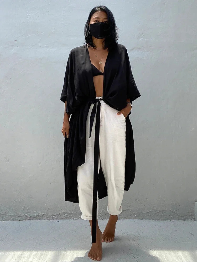 New Boho Beach Kimono Swimwear Women Cotton Holiday Summer Women's Tunic Beachwear Outfits Solid Oversize Cover-Ups