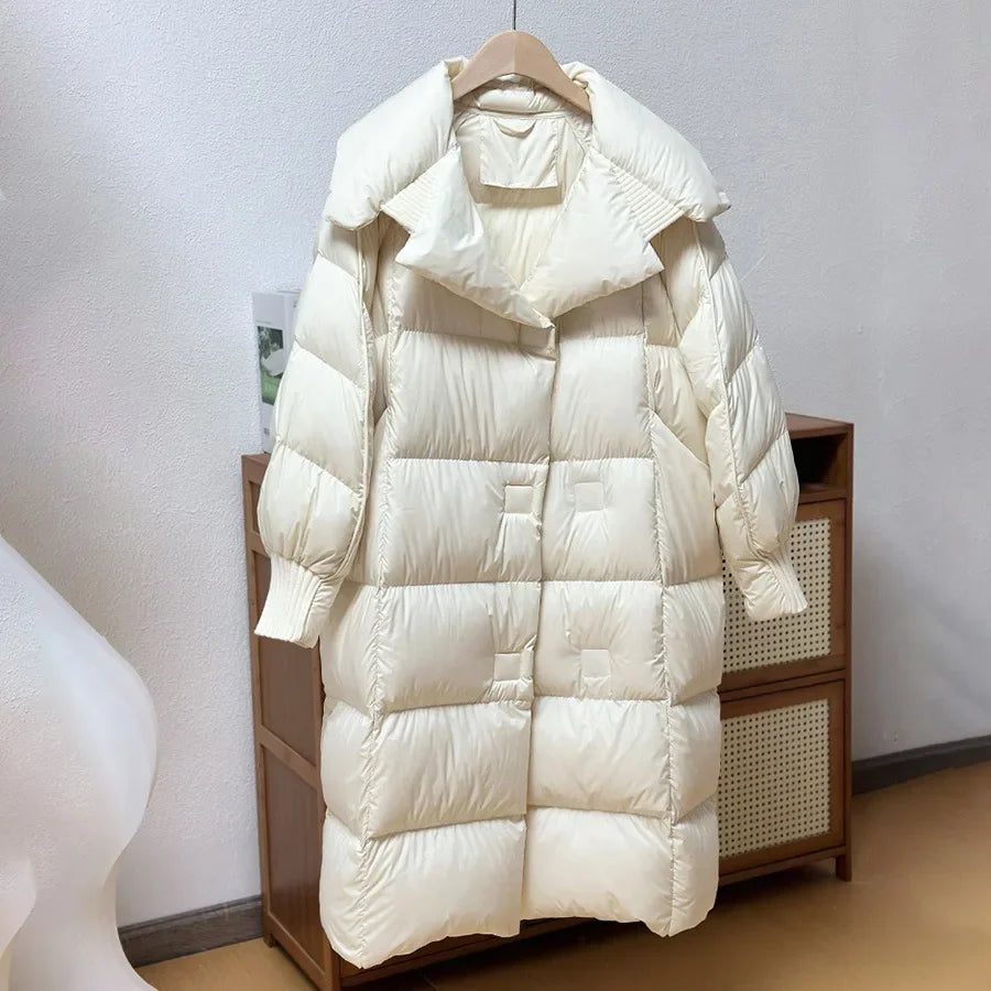 Schinteon Women White Duck Down Long Jacket Autumn Winter Warm Casual Over Size Loose Outwear Soft Comfortable Fashion Coat New