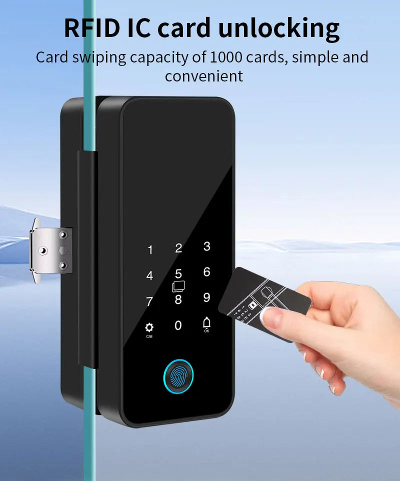 Tuya APP Glass Door Fingerprint Lock Bluetooth Smart Biometric Electronic Office Glass Door Lock 13.56Mhz RFID IC Keyless Unlock