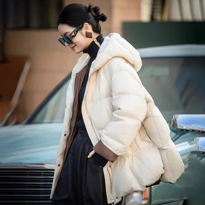 Schinteon Women Down Jacket Casual Loose Over Size Warm Autumn Winter Outwear White Duck Down with Hood Fashion Coat 2024 New