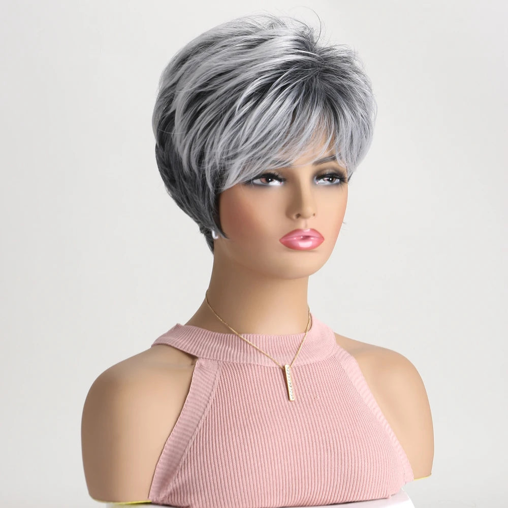 Short Natural Wigs with Bangs Soft Mommy Hair Daily Use Short Grey Ombre Curly Synthetic Hair Costume Party Wig for Women
