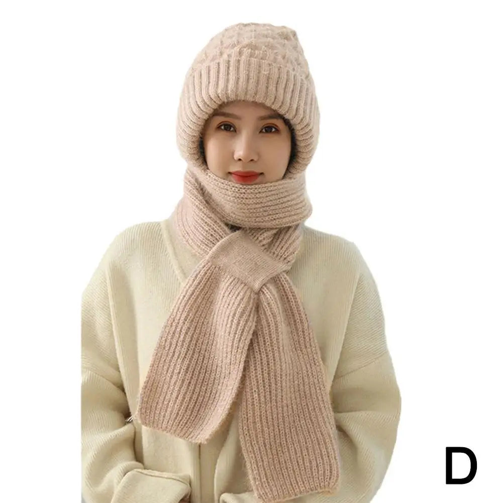 Winter Knitted Integrated Hat Scarf Set Cold Proof Ear Protection Scarf Warm Beanies Cycling Windproof Ladies Outdoor Caps