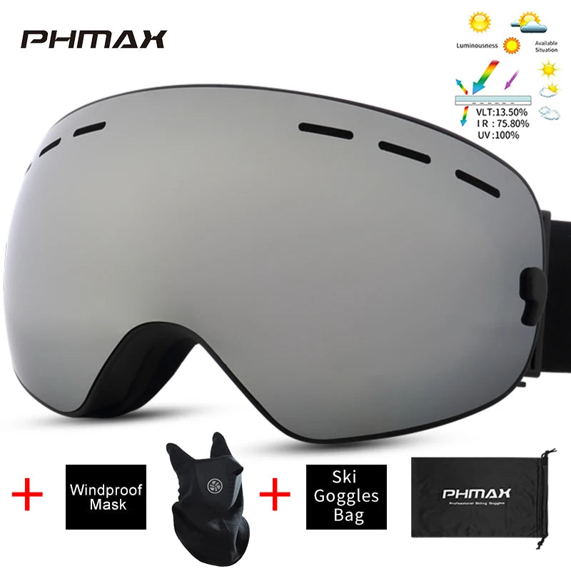 PHMAX Ski Goggles Men Snowboard Glasses Women Winter Outdoor Snow Sunglasses UV400 Double Layers Lens Anti-Fog Skiing Goggles