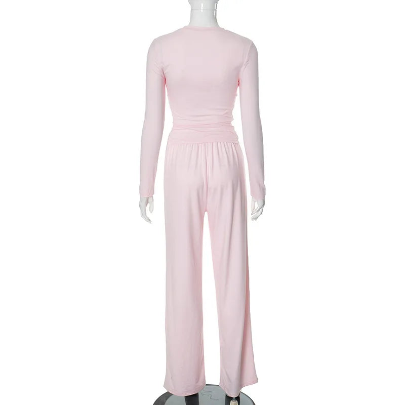 Basic Wide Leg Pants Leisure Suit Women 2025 Spring Solid Long Sleeve Top Casual Loose Trousers 2 Piece Set Hottie Streetwear