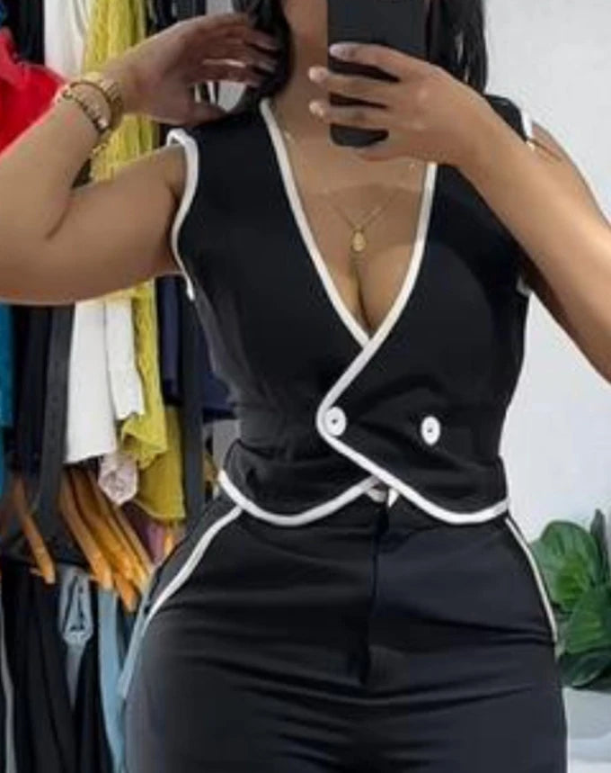 New Fashion 2024 Summer Casual Sexy Elegant V-Neck Buttoned Vest Top & Pocket Design Pants Set Womens Two Piece Sets Outfit