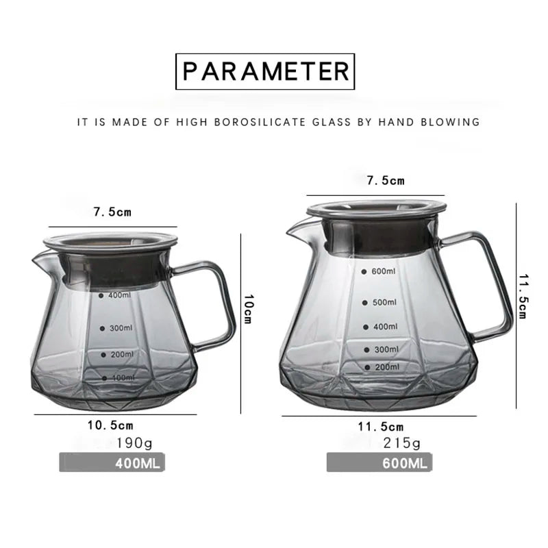 Leeseph Espresso Glass Carafe Coffee Pot, Pour Over Coffee Filter Kettle - 400ml 600ml Diamond Glass Coffee Sharing Pot