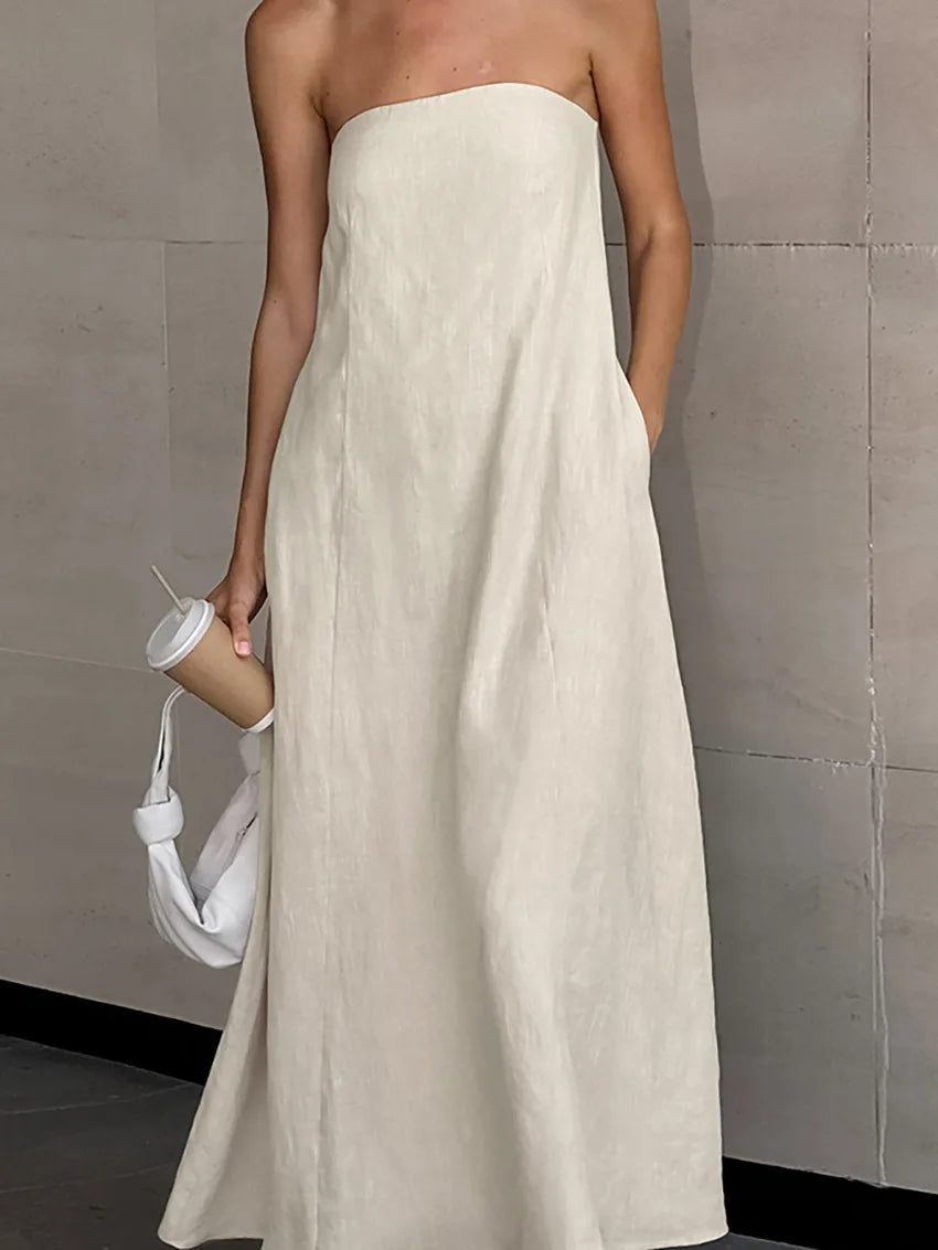 Minimalist Cotton Linen Design Strapless Dress Summer Women's Personal Street Elastic Backless Pocket Vacation Beach Dress