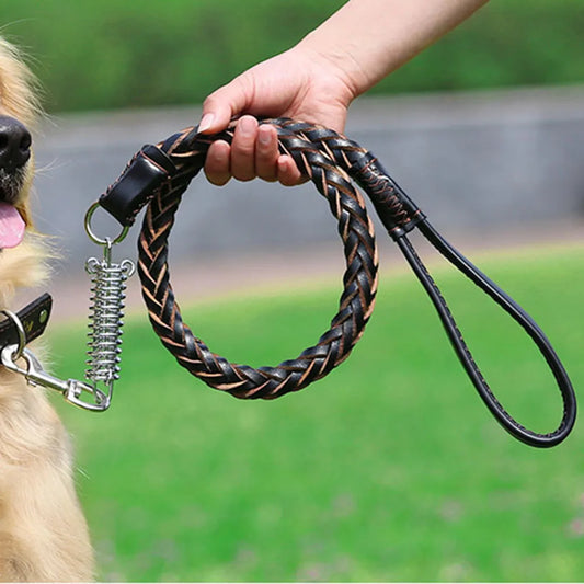 Strong Durable Real Leather Large Dog Leash with No Pull Buffer Spring Leather Braided Dog Training Leash Pet Leads Dog Chain
