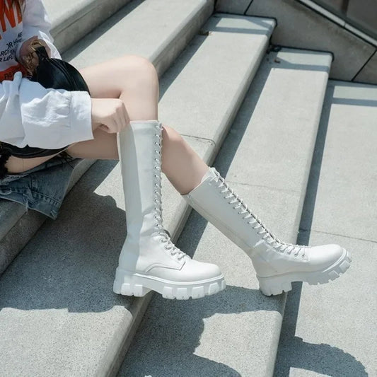 Women's Mid Calf Boots Padded Shoes Knee High Winter Sneakers Punk Style Military Casual White Black 2024 Lucury Platform Woman