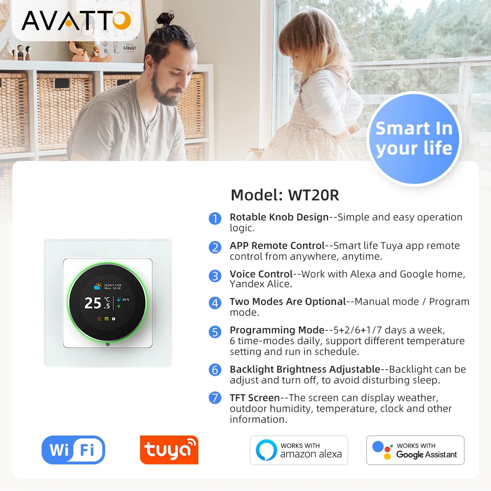 AVATTO Tuya WiFi Smart Knob Thermostat Temperature Controller For Water Gas Boiler Electric Heating Works With Alexa Google Home