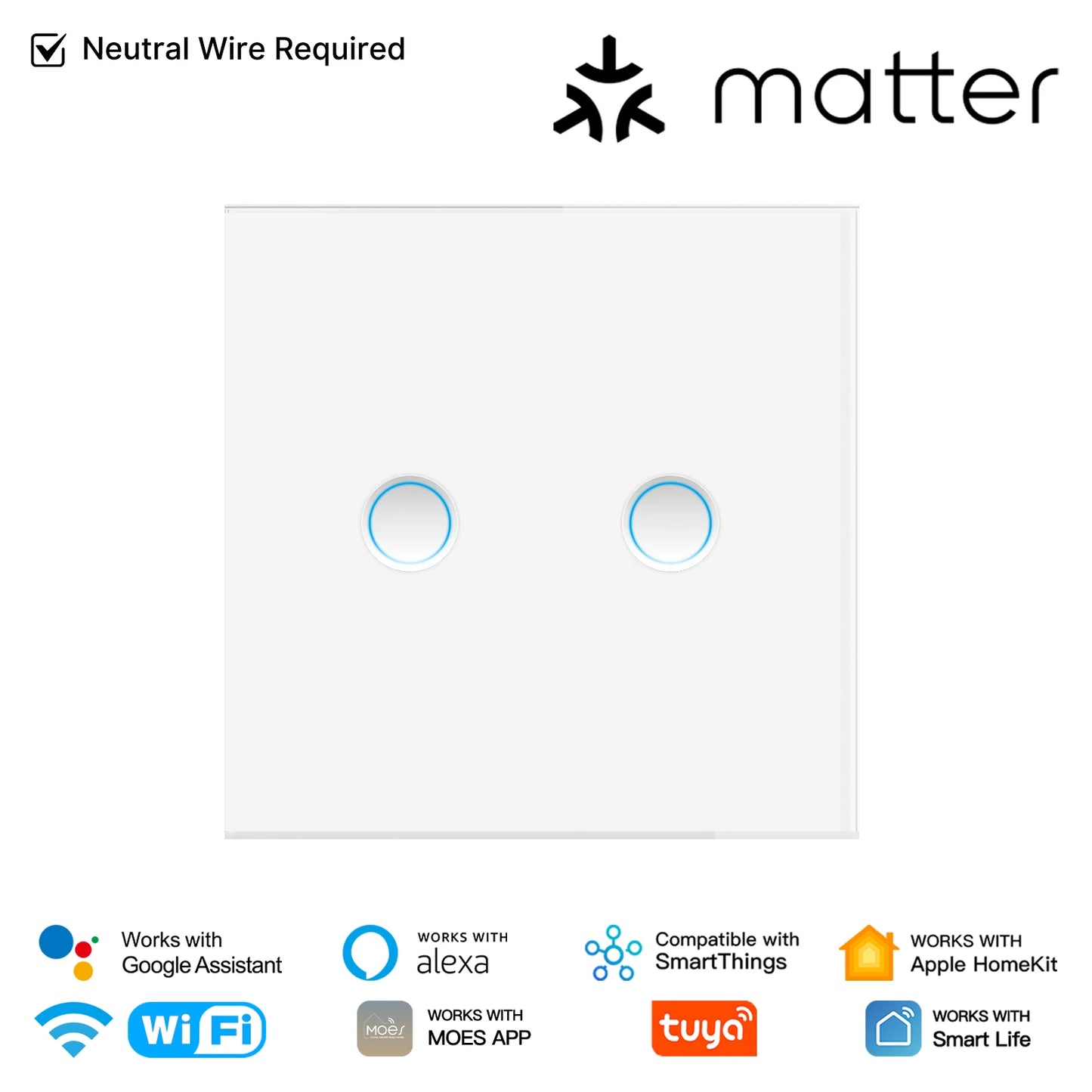 MOES Matter Tuya WiFi Smart Concave Glass Panel Light Switch Neutral Wire Required Compatible with Alexa Google Home SmartThings