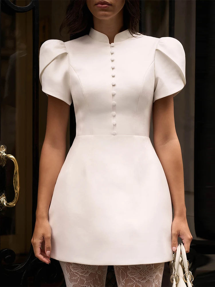 Trendix Button Patchwork Elegant Dress For Women Fashion Pleated Short Sleeve Short Dresses Femme Office Commuter A-Line Dress