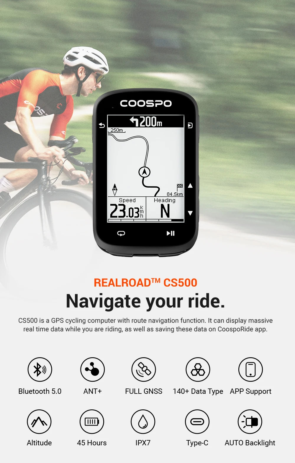 COOSPO CS500 Route Navigation Bike Computer GPS Cycling Odometer Wireless Bicycle Speedometer Cycle Stopwatch ANT+ Bluetooth5.0