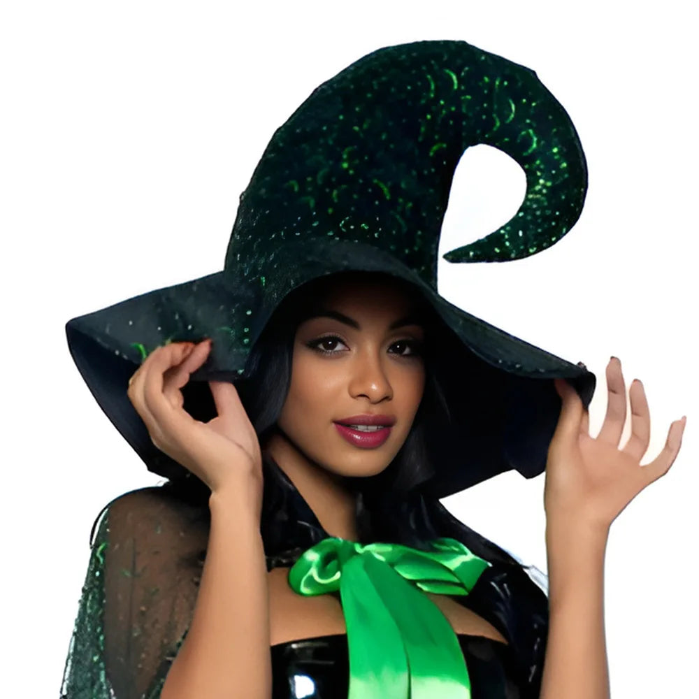 Sexy Underwear Shinny Dark Green Mesh Cloak Women Witch Faux Leather Short Dress With High Hat Role Playing Cosplay Costume