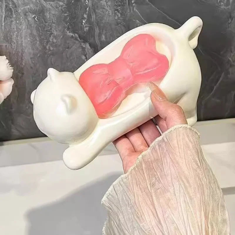 Kawaii White Cat Soap Drain Rack Kitchen Sponge Storage Rack Bathroom Soap Holder Non-slip Container Cute Home Organizer
