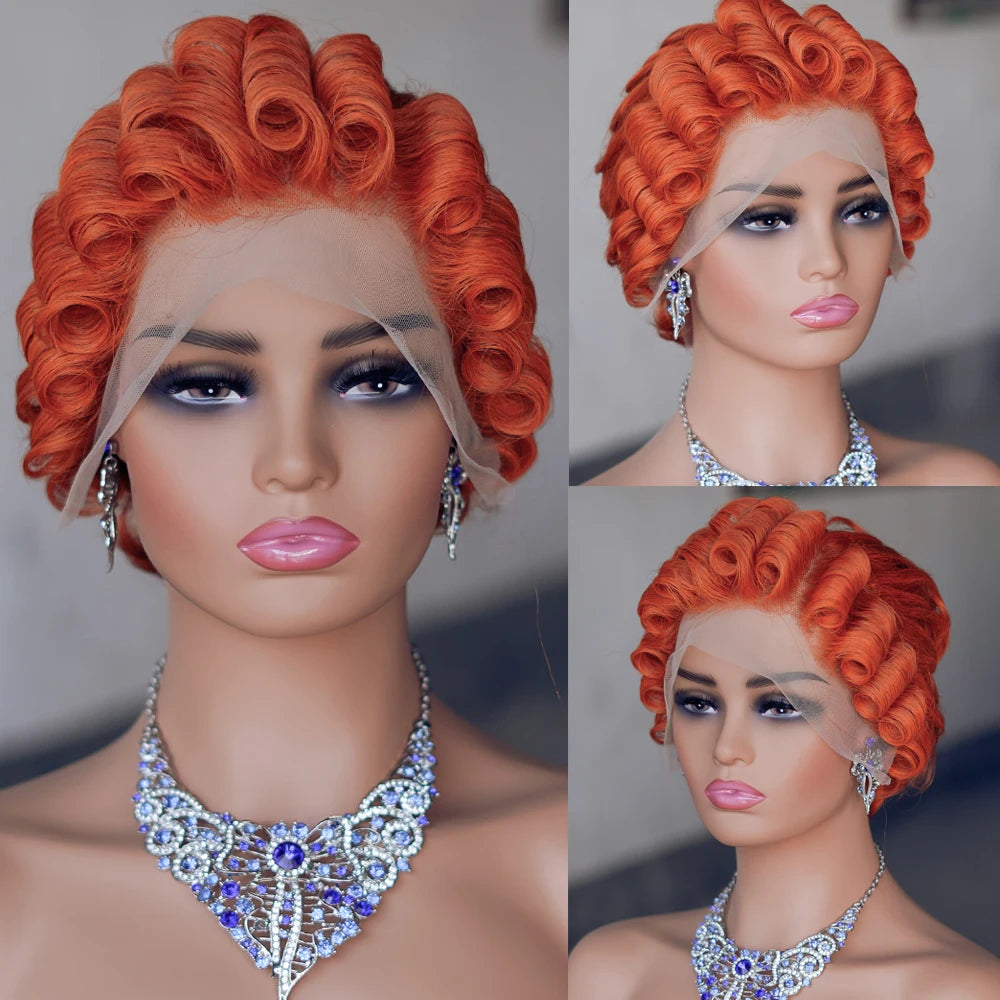Pixie Cut Wig Short Curly Lace Front Human Hair Wigs For Black Women Raw Indian Finger Wave 13x4 Transparent Lace Frontal Wigs