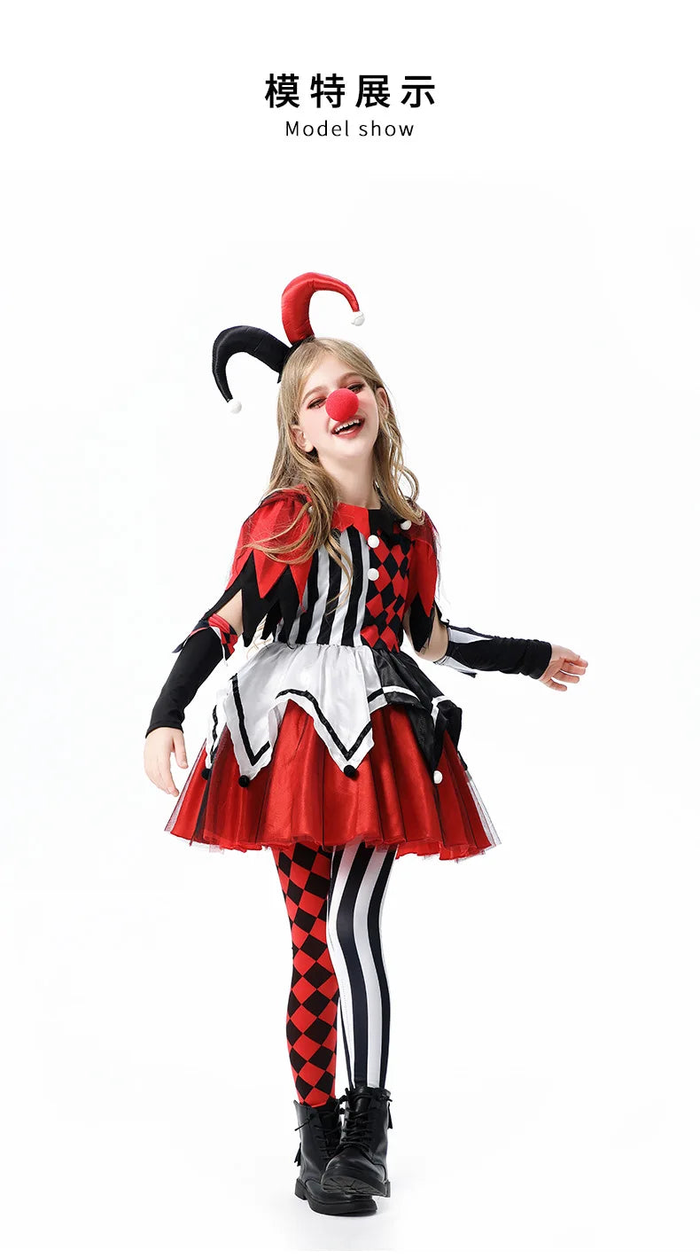 Naughty Girls Clown Costume Kids Circus Scary Tutu Dress Halloween Cosplay Costumes Carnival Party Jester Dress Up Full Set